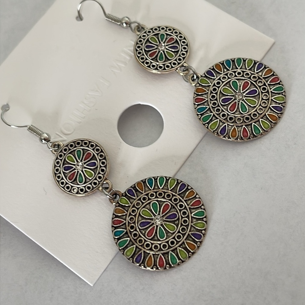 Colorful Mandala Drop Earrings‎ Silver Tone - Picture 2 of 3